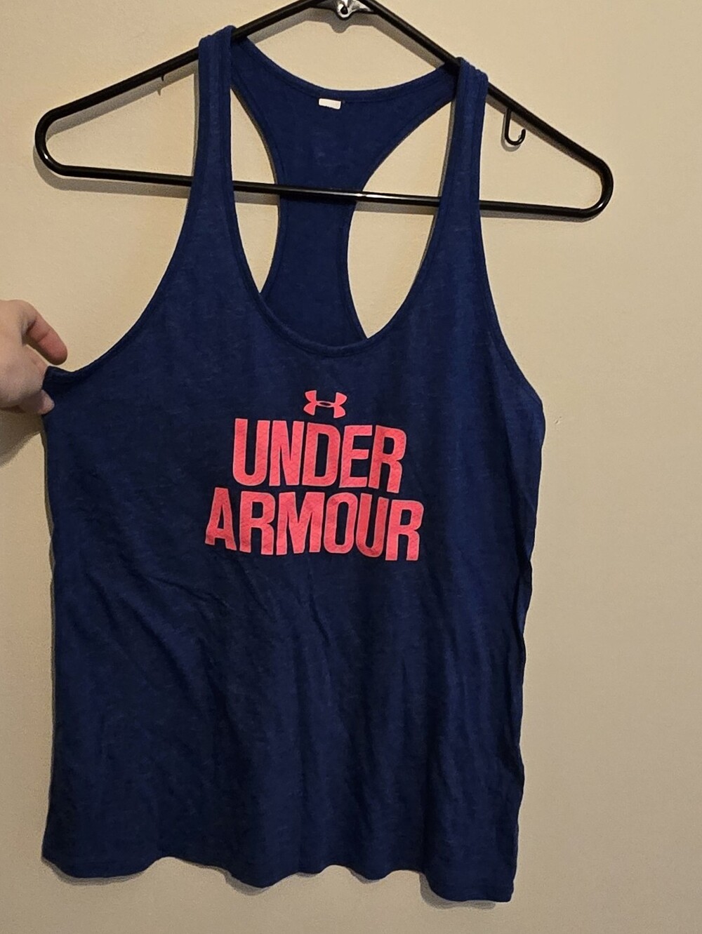 Ladies Under Armour Navy Racerback Tank with Pink Logo Text